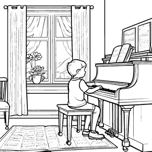 Kreativer Junge spielt Melodien am Klavier Ausmalvorlage für musikalische Entdecker