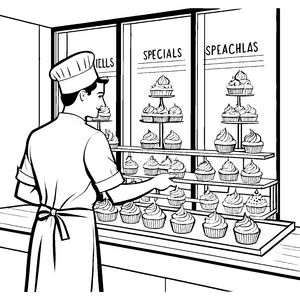 Kreativer Konditor bei der Cupcake-Dekoration Malvorlage für junge Backfreunde