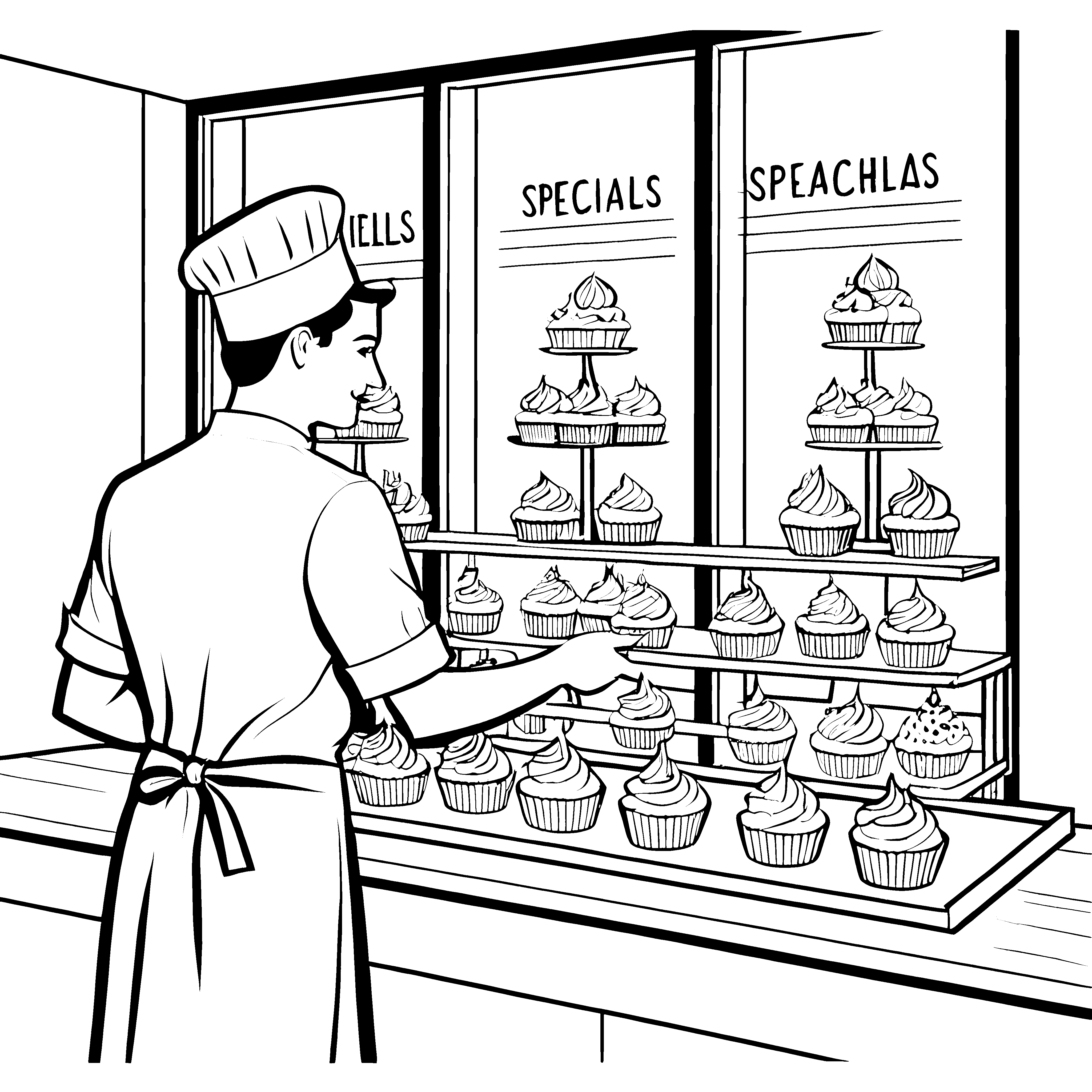 Kreativer Konditor bei der Cupcake-Dekoration Malvorlage für junge Backfreunde