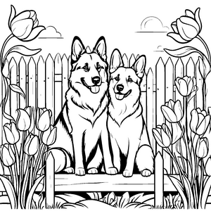 Zwei fröhliche Hofhunde vor bunten Tulpen Ausmalbild für liebevolle Tierfreunde