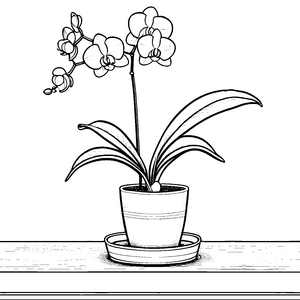 Elegante Orchideen in buntem Blumentopf Ausmalbild für junge Pflanzenfreunde