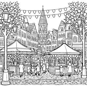 Weihnachtlicher Marktplatz mit bunten Ständen Ausmalbild für fröhliche Entdecker