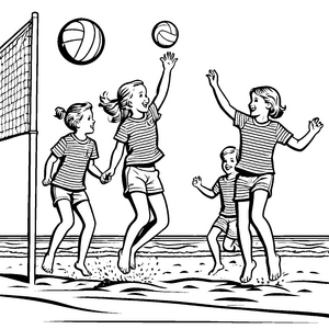 Fröhliche Kinder beim Volleyballspielen Ausmalbild für aktive Entdecker