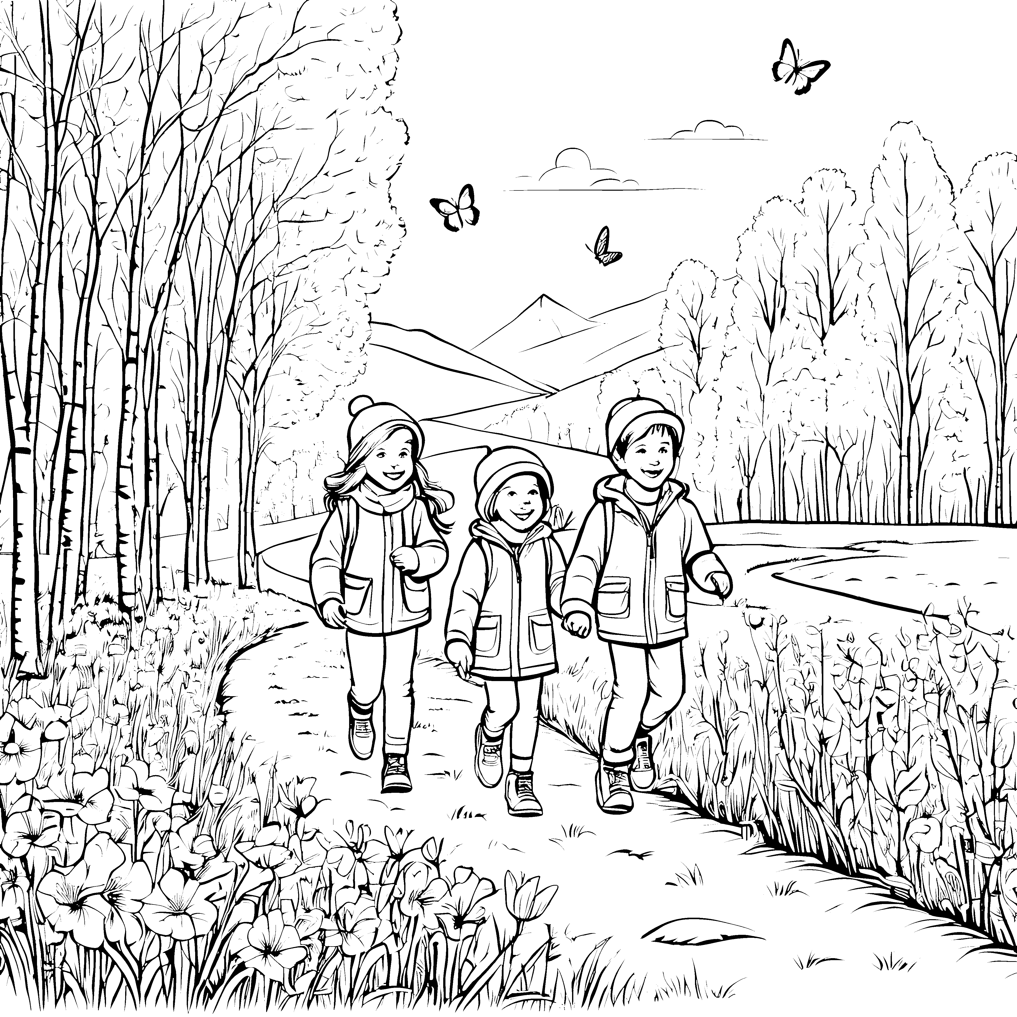 Drei fröhliche Kinder entdecken die Natur Ausmalvorlage für kleine Entdecker