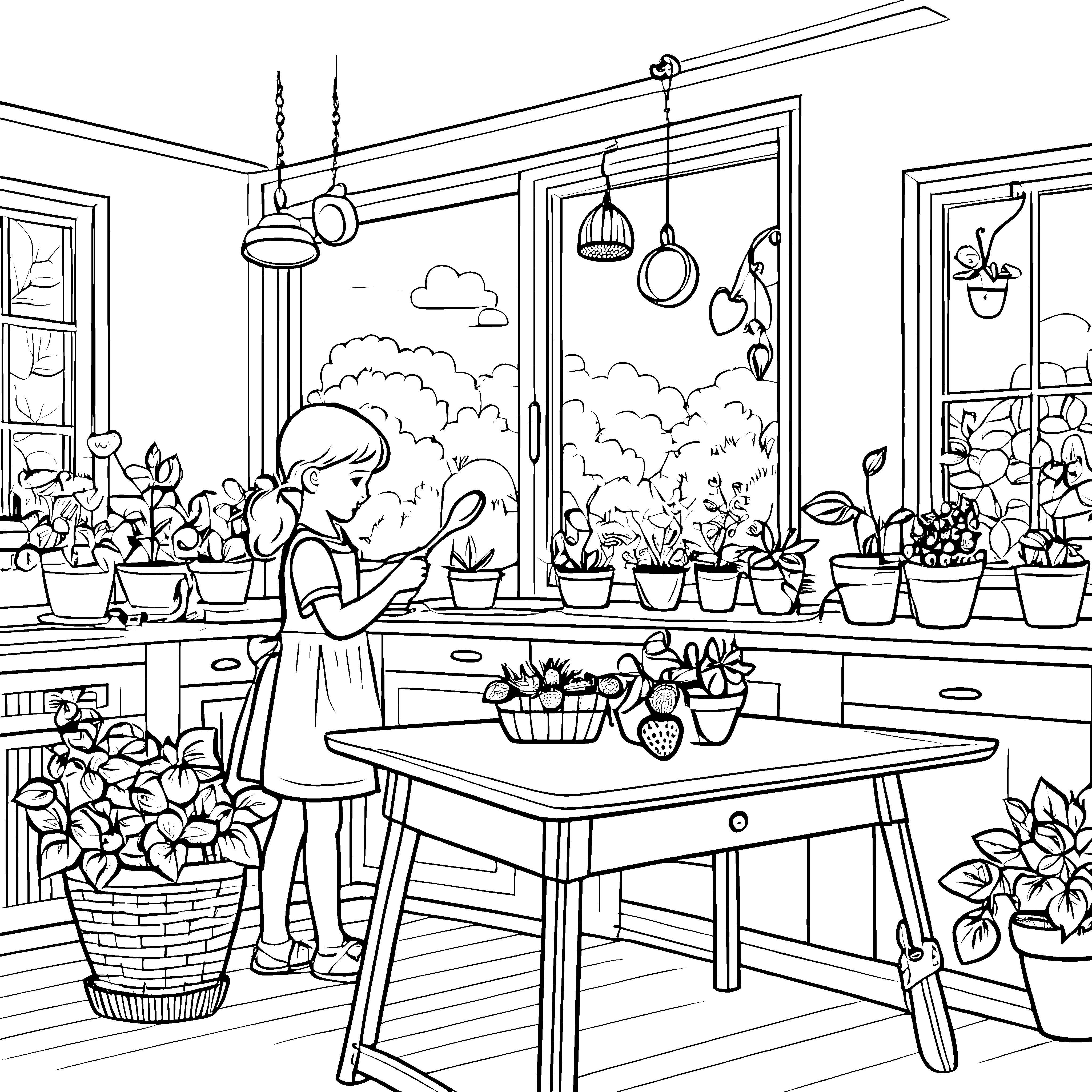 Lebendige Erdbeeren auf dem bunten Küchentisch Ausmalbild für kleine Naturfreunde