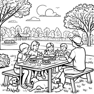 Fröhliches Hamburger-Picknick im Park Ausmalvorlage für junge Genuss-Abenteurer