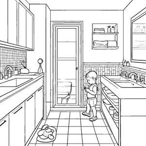 Badezimmer mit schickem Schrank und neugierigem Jungen Ausmalbild für kleine Entdecker