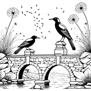 Harmonisches Vogelpaar auf Brücke Malvorlage für einfallsreiche Naturforscher