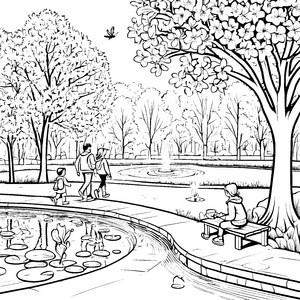 Entspanntes Familien-Spaziergang im blühenden Park Ausmalbild für kleine Naturfreunde