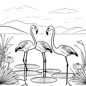 Zwei elegante Flamingos am glitzernden Wasser Ausmalvorlage für kreative Wasserliebhaber