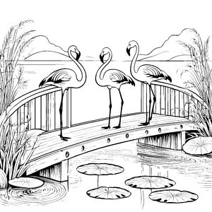 Drei elegante Flamingos auf malerischer Brücke Ausmalbild für neugierige Künstler