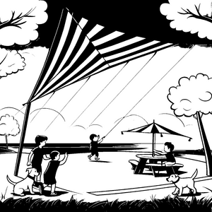 Bunter Sonnenschirm im lebhaften Park Ausmalbild für fröhliche Spielentdecker
