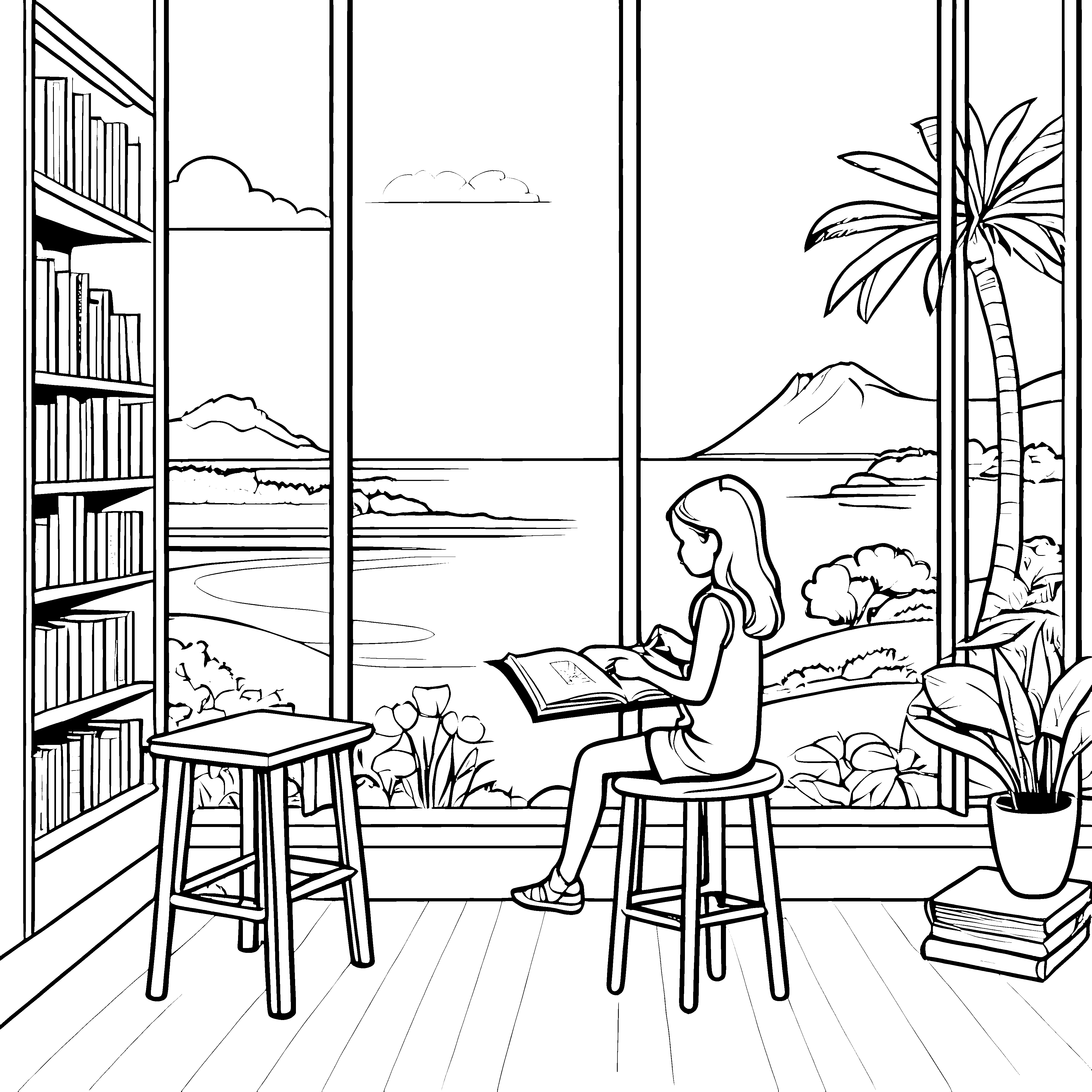 Faszinierendes Lesen am Fenster mit Meerblick Ausmalvorlage für neugierige Bücherwürmer