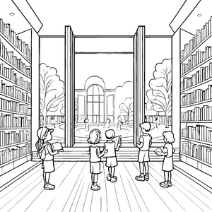 Faszinierende Kinder im bunten Bücherparadies Ausmalvorlage für neugierige Entdecker