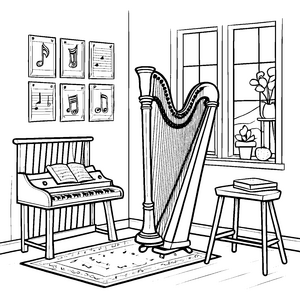Majestätische Harfe im gemütlichen Musikzimmer Ausmalmotiv für angehende Künstler