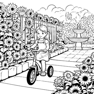 Lustiges Dreiradfahren im blühenden Garten Ausmalbild für kreative Entdecker
