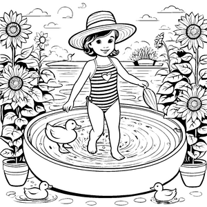Spritziges Planschvergnügen im bunten Garten Ausmalvorlage für fröhliche Wasserratten