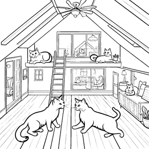 Kuschelige Hauskatzen erkunden die gemütliche Wohnung Ausmalbild für neugierige kleine Entdecker