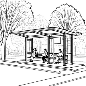 Gemütliche Bushaltestelle unter schattenspendenden Bäumen Ausmalbild für neugierige Stadtentdecker