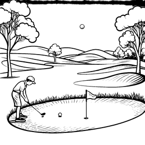 Golfspielender Junge auf der sonnigen Grünen Ausmalvorlage für angehende Sportler