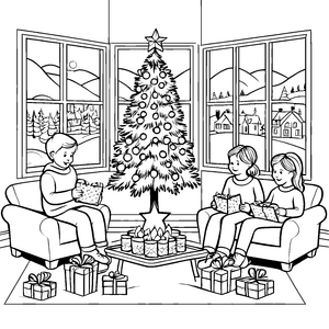 Besinnliche Weihnachtsfreude am glitzernden Baum Malvorlage für fröhliche Kinder