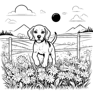 Beagle-Hundewelpe zwischen bunten Blumen Ausmalmotiv für tierliebe kleine Abenteurer
