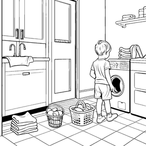 Wäscheabenteuer mit fröhlichem Helfer Ausmalbild für kleine Haushaltsspezialisten