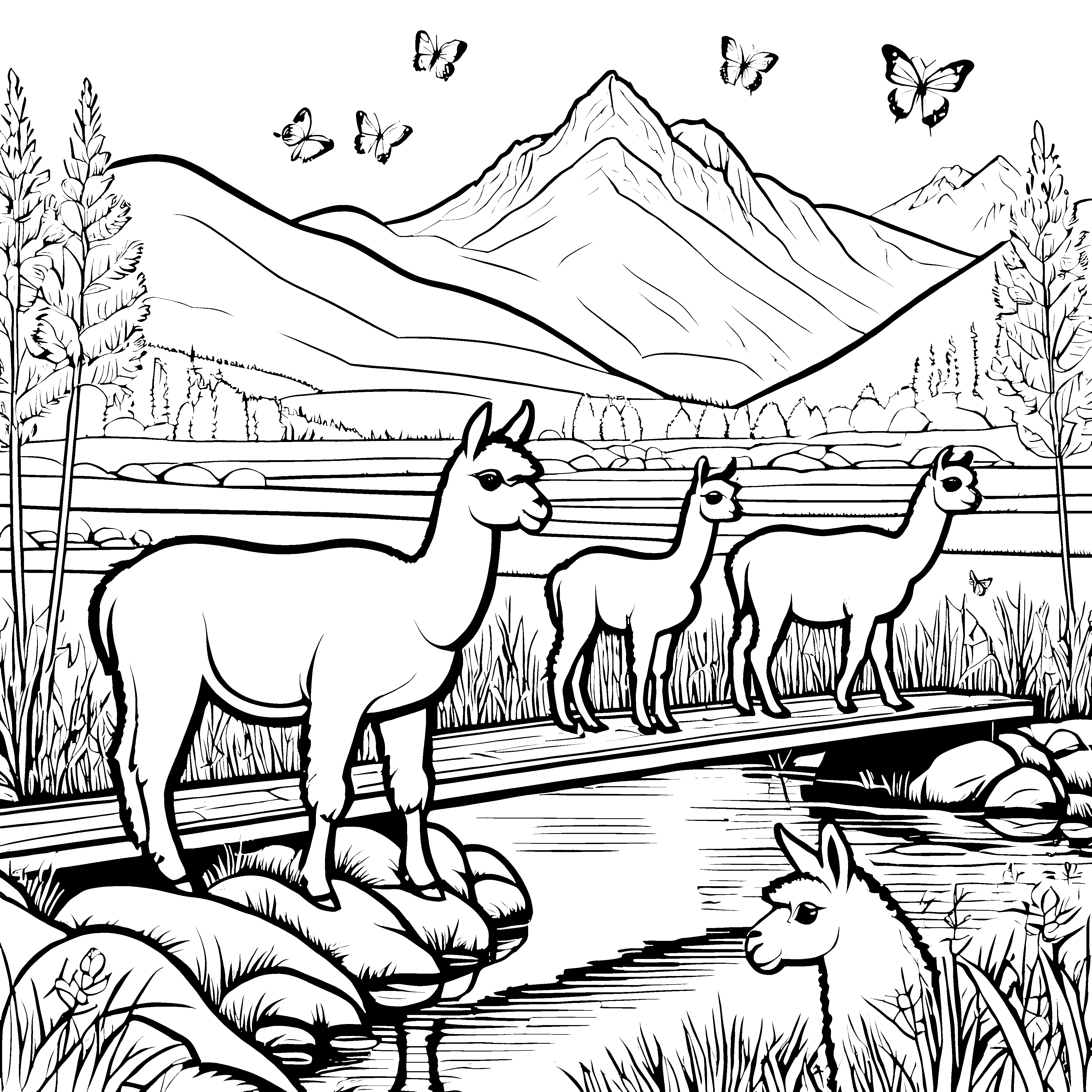 Fröhliches Alpaka-Pärchen am glitzernden Bach Malvorlage für tierliebe Entdecker