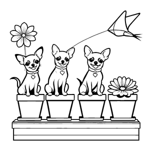 Drei fröhliche Chihuahuas auf bunten Blumentöpfen Malvorlage für kleine Gartenliebhaber