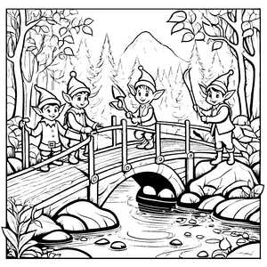 Elfen auf der Brücke beim Spiel Ausmalmotiv für kleine Naturabenteurer