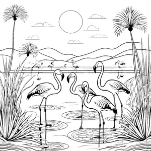 Rosenrote Flamingos am glitzernden Wasser Ausmalbild für fantasievolle Künstler