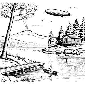 Futuristischer Zeppelin über ruhiger Landschaft Ausmalvorlage für abenteuerlustige Entdecker