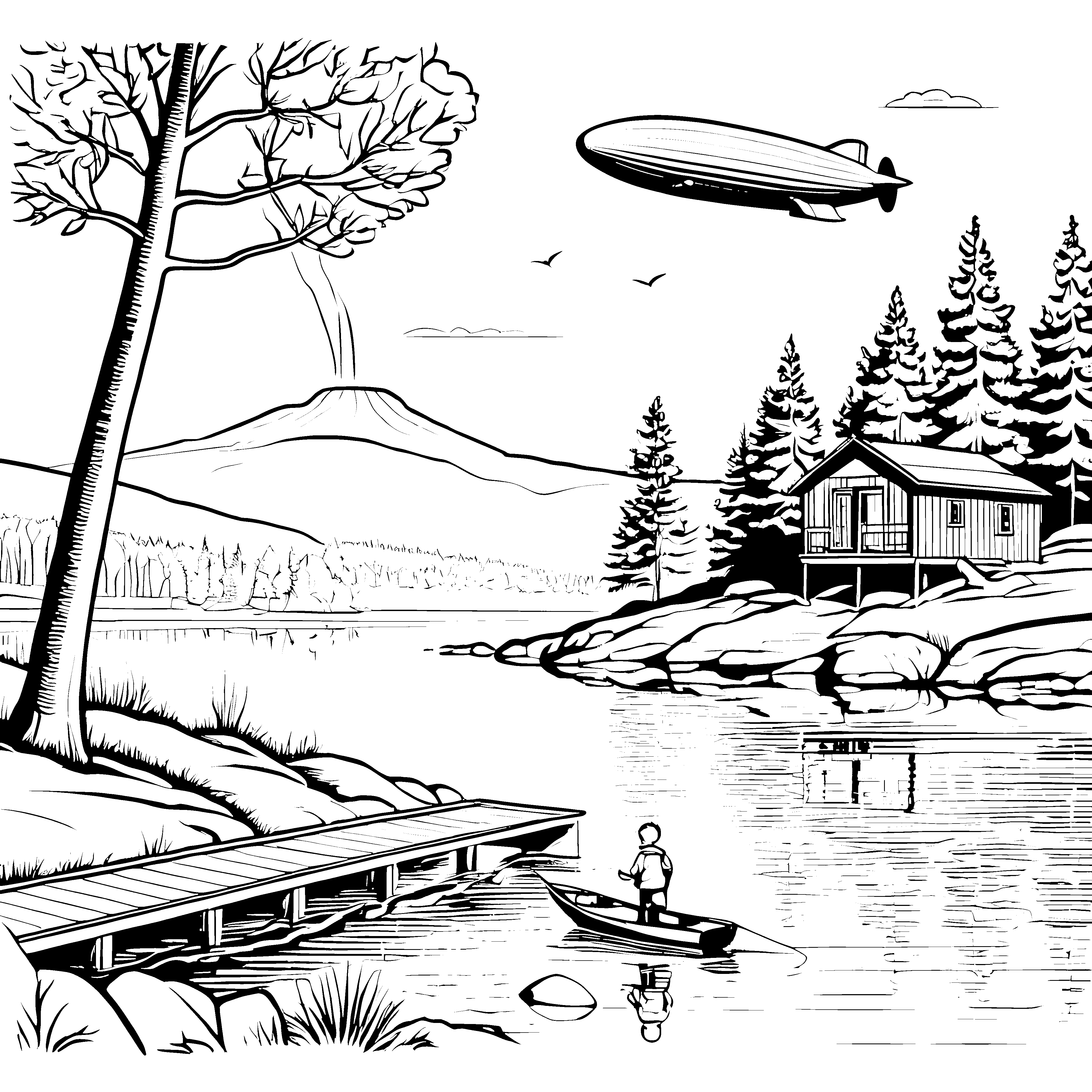 Futuristischer Zeppelin über ruhiger Landschaft Ausmalvorlage für abenteuerlustige Entdecker