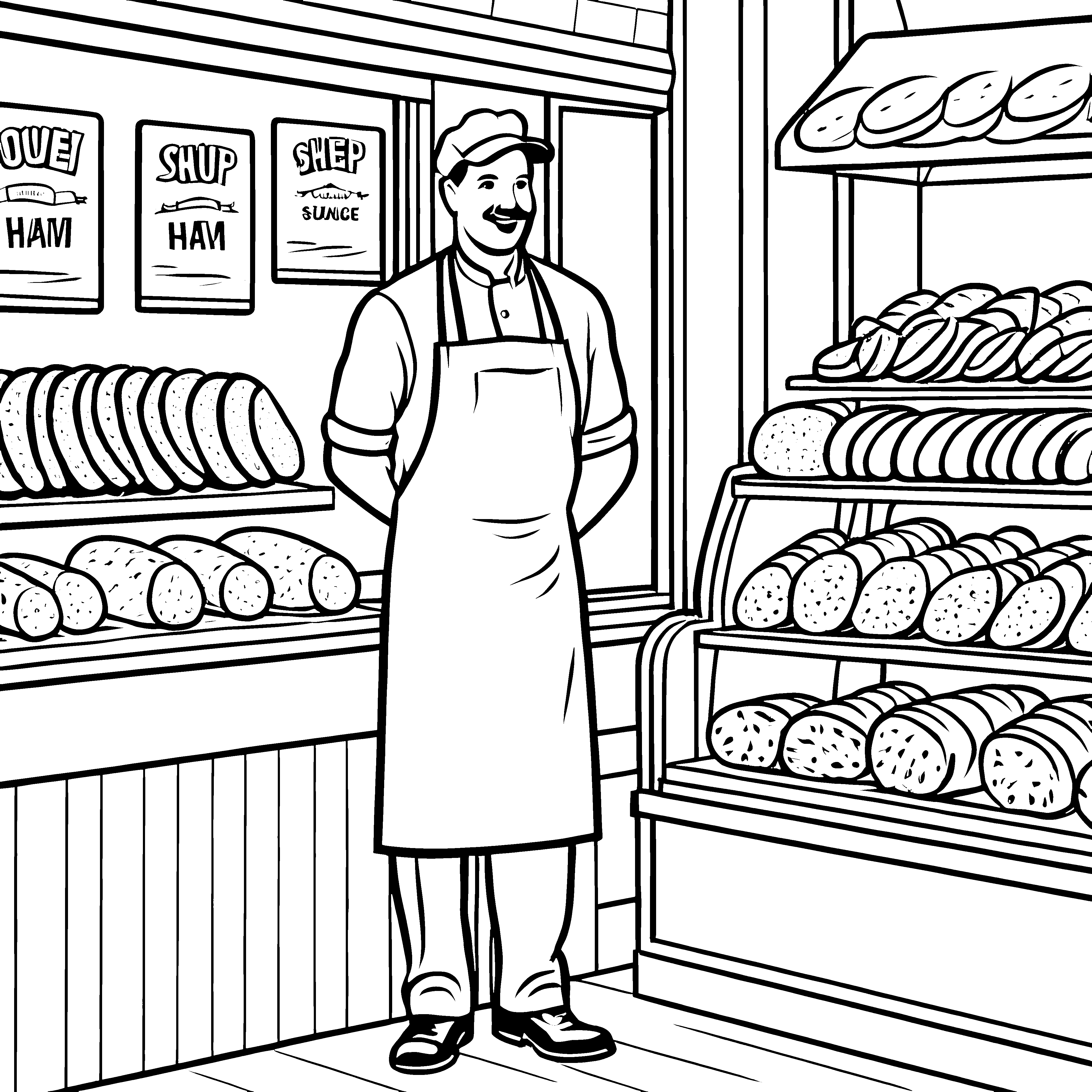 Leckere Wurstwaren im bunten Fleischereiladen Ausmalbild für neugierige Feinschmecker