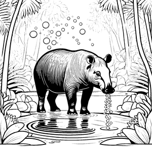 Spritzender Tapir im murchigen Wasser Ausmalbild für kleine Abenteuerlustige