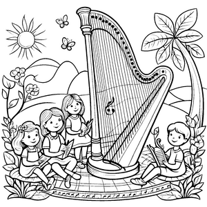 Strahlende Harfe im bunten Garten Ausmalbild für neugierige Musikentdecker