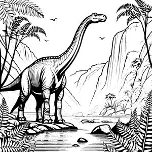 Majestätischer Brachiosaurus bei glitzerndem Wasser Ausmalvorlage für neugierige Urzeitforscher