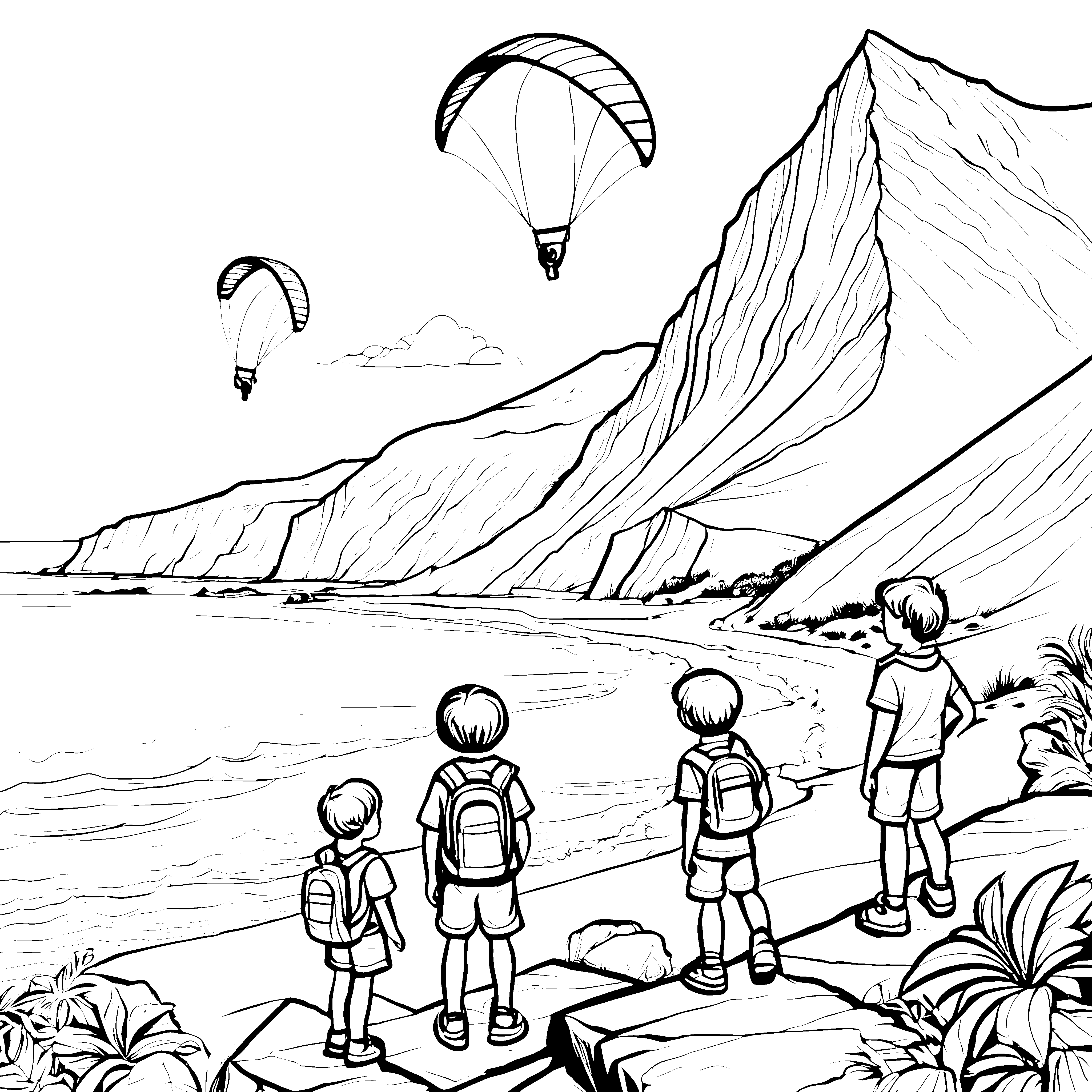 Faszinierende Klippenlandschaft mit aufregenden Gleitschirmfliegern Ausmalbild für abenteuerliche Entdecker