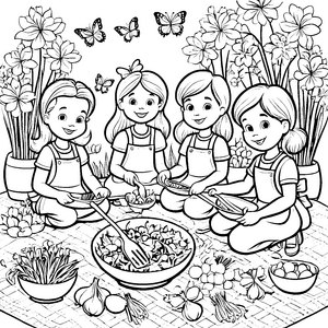 Fröhliche Gärtnerinnen mit bunten Frühlingszwiebeln Ausmalbild für kleine Pflanzenfreunde