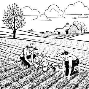 Familie beim spannenden Pflanzen im grünen Feld Ausmalmotiv für kleine Naturforscher