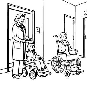 Hilfsbereite Ärztin mit fröhlichem Kind Ausmalbild für kleine Gesundheitsforscher