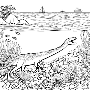 Faszinierender Mosasaurus in bunten Korallen Ausmalbild für kleine Entdecker