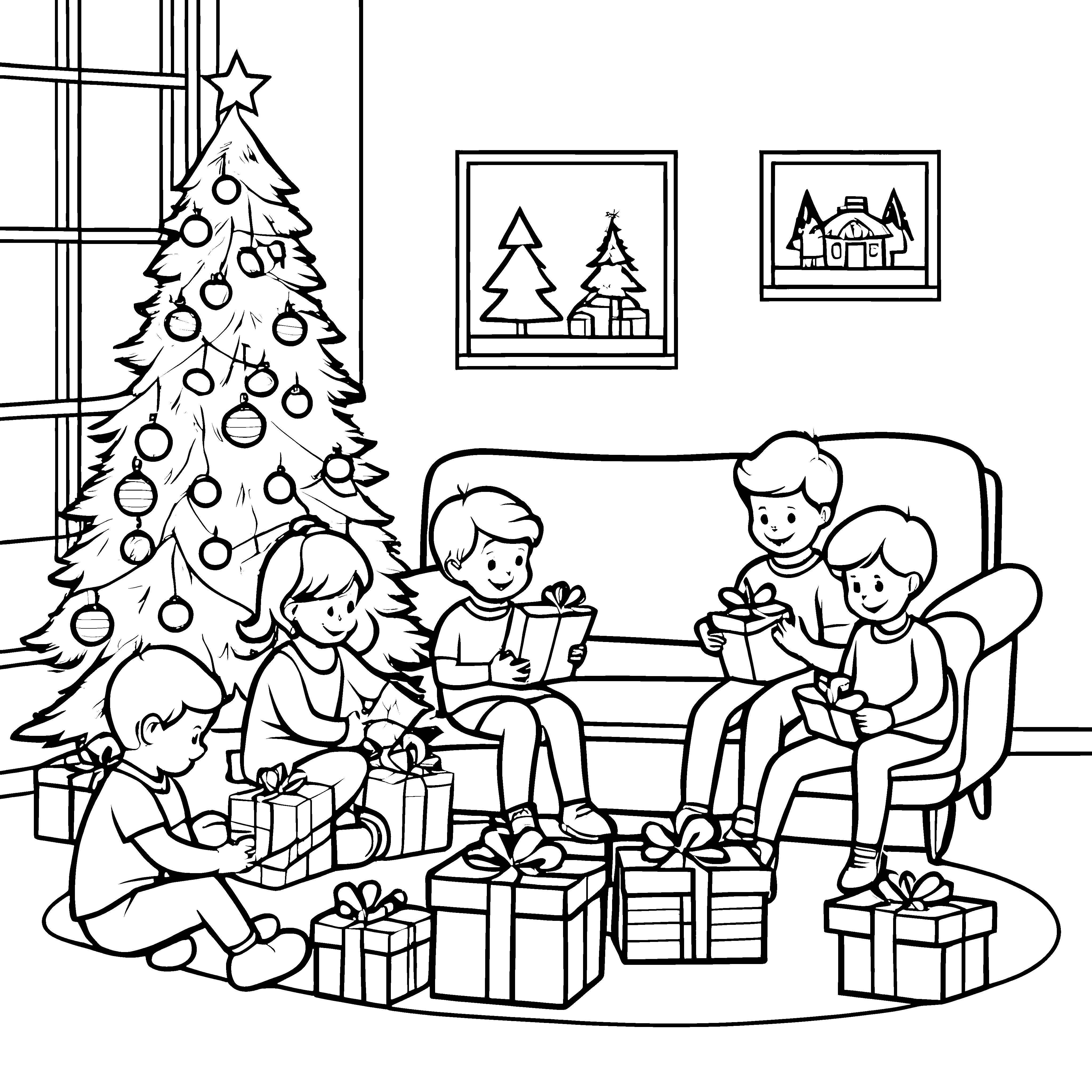 Besinnliche Geschenke-Auspackparty am Weihnachtsbaum Ausmalbild für fröhliche Winterfreunde