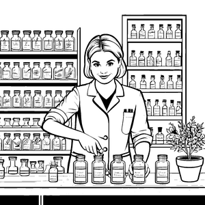 Bezaubernde Apothekerin mit vielfältigen Arzneien Ausmalvorlage für wissbegierige kleine Helfer