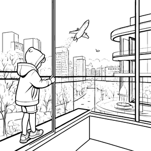 Faszinierender Ausblick vom Balkon mit fliegendem Flugzeug Ausmalmotiv für neugierige Stadtentdecker