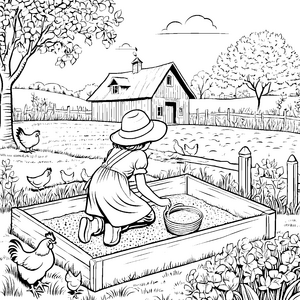 Kleine Abenteurer füttern fröhliche Hühner im Garten Ausmalvorlage für kreative Naturfreunde