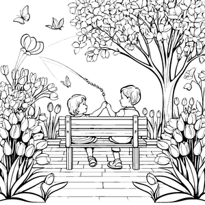 Fröhliche Kinder auf der Bank zwischen bunten Frühlingsblumen Ausmalbild für kleine Naturentdecker