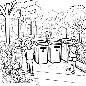 Spaßige Mülltonnen im bunten Park Ausmalvorlage für kleine Umweltschützer