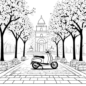Bezauberndes Moped in malerischer Parklandschaft Ausmalbild für neugierige Abenteurer