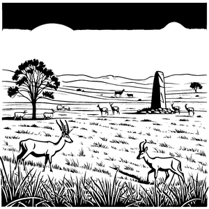 Faszinierende Steppenlandschaft mit kreativen Tieren Malvorlage für kleine Naturfreunde